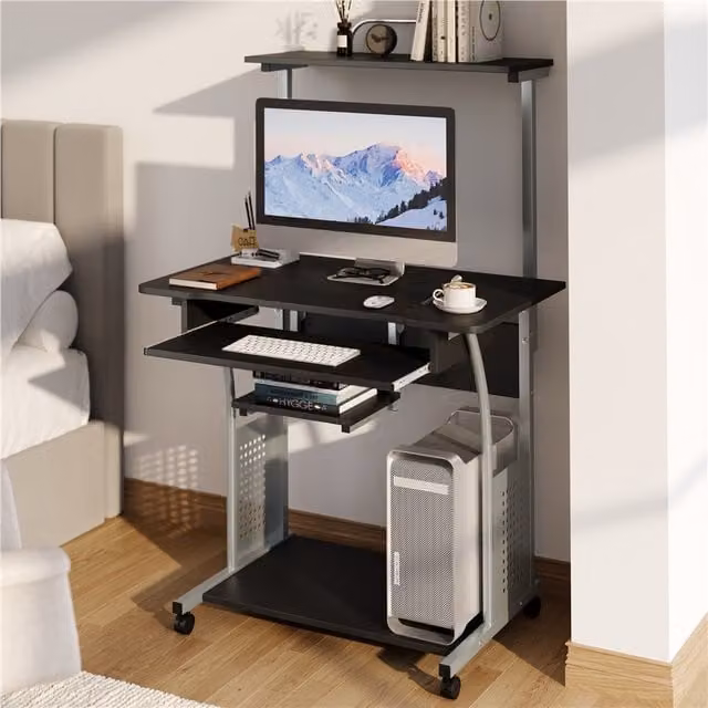 Yaheetech 3-Tier Rolling Computer Desk with Shelf in Black