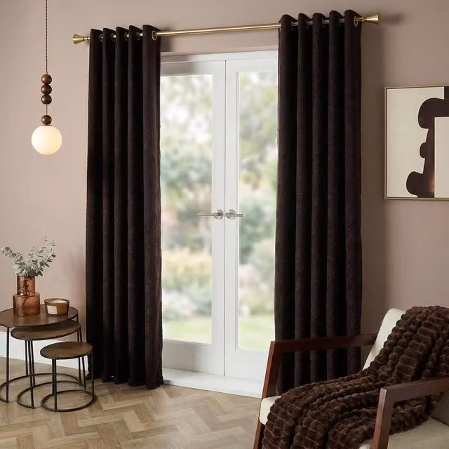 OHS Pair of Brown Boucle Blackout Eyelet Curtains, Width: 168 cm, Drop: 229 cm