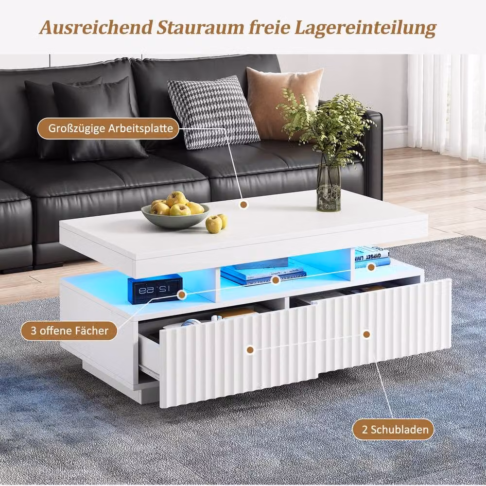 Rolipo White Ribbed Coffee Table with LED Lights and 2 Drawers – 3