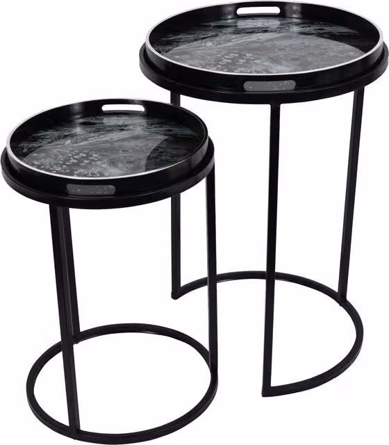 Libra Interiors Monochrome Swirl Set of 2 Round Metal Side Tray Tables in Black, White and Multicolour