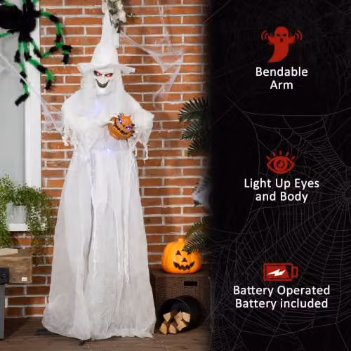 Outsunny 74 Inch White Witch Halloween Decoration with Light Up Eyes and Body holding a Pumpkin Head – 6