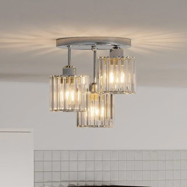 Emitto Modern Crystal Semi Flush Ceiling Light in Grey and Chrome with 3 x E27 Bulbs