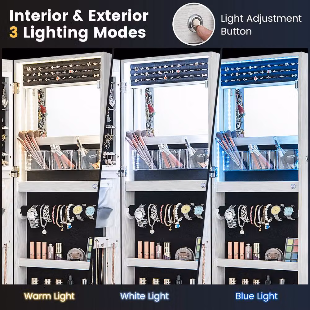 Costway Lockable Jewelry Mirror Cabinet with LED Lighting in White, Height: 108 cm – 5