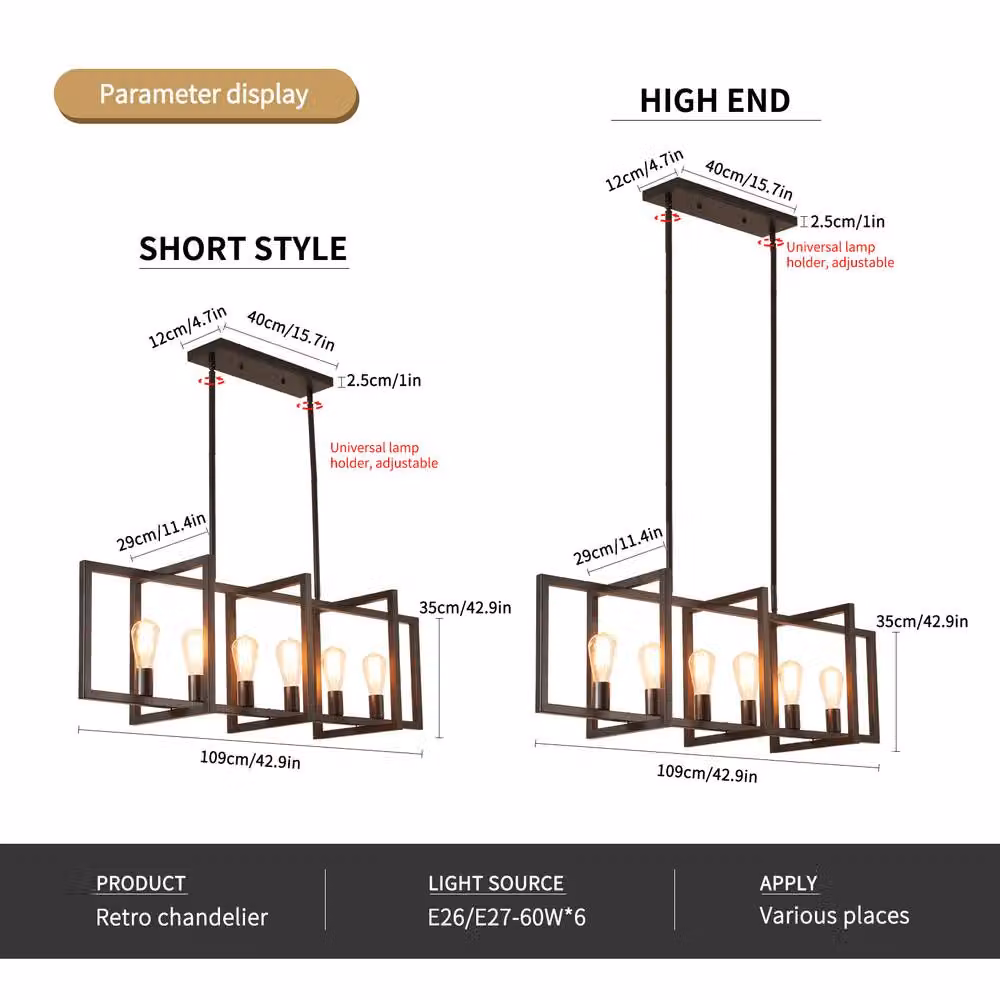 NIVOR Modern Black Rectangular 6-Light Adjustable Kitchen Island Pendant Lamp with E27 Socket – 2