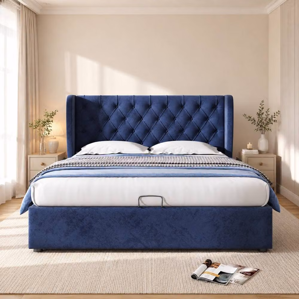 Merax Blue Velvet Upholstered Double Ottoman Storage Bed Frame, W: 135 cm x D: 190 cm – 2
