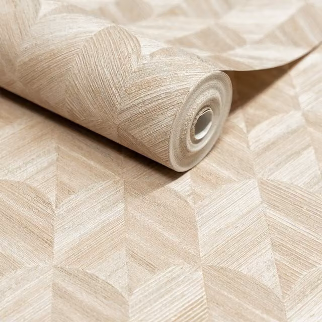 Grandeco Art Deco Geometric Abstract Wallpaper in Beige with Satin Gloss Finish