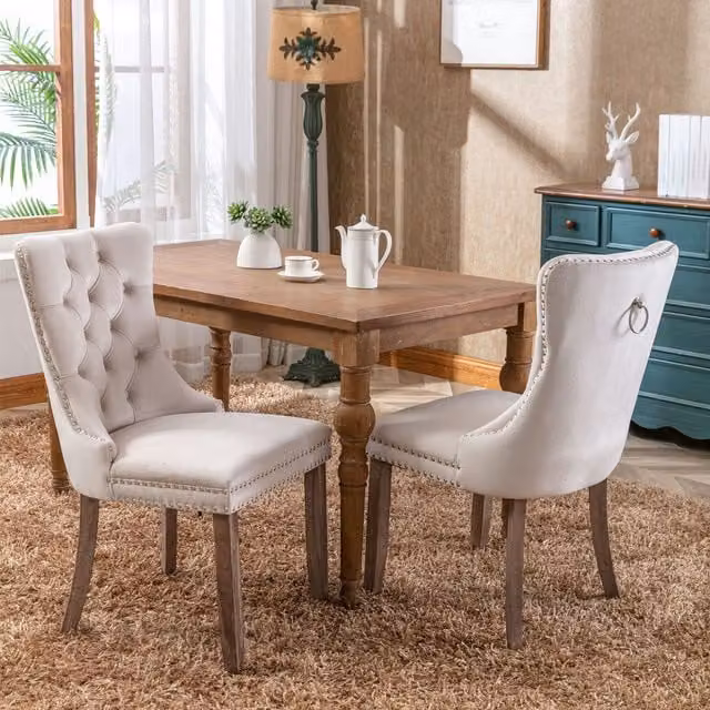 HomeTouch Taylor Pair of Beige Lux Velvet Kitchen Dining Chairs with Pull Knocker Back and Oak Wood Legs