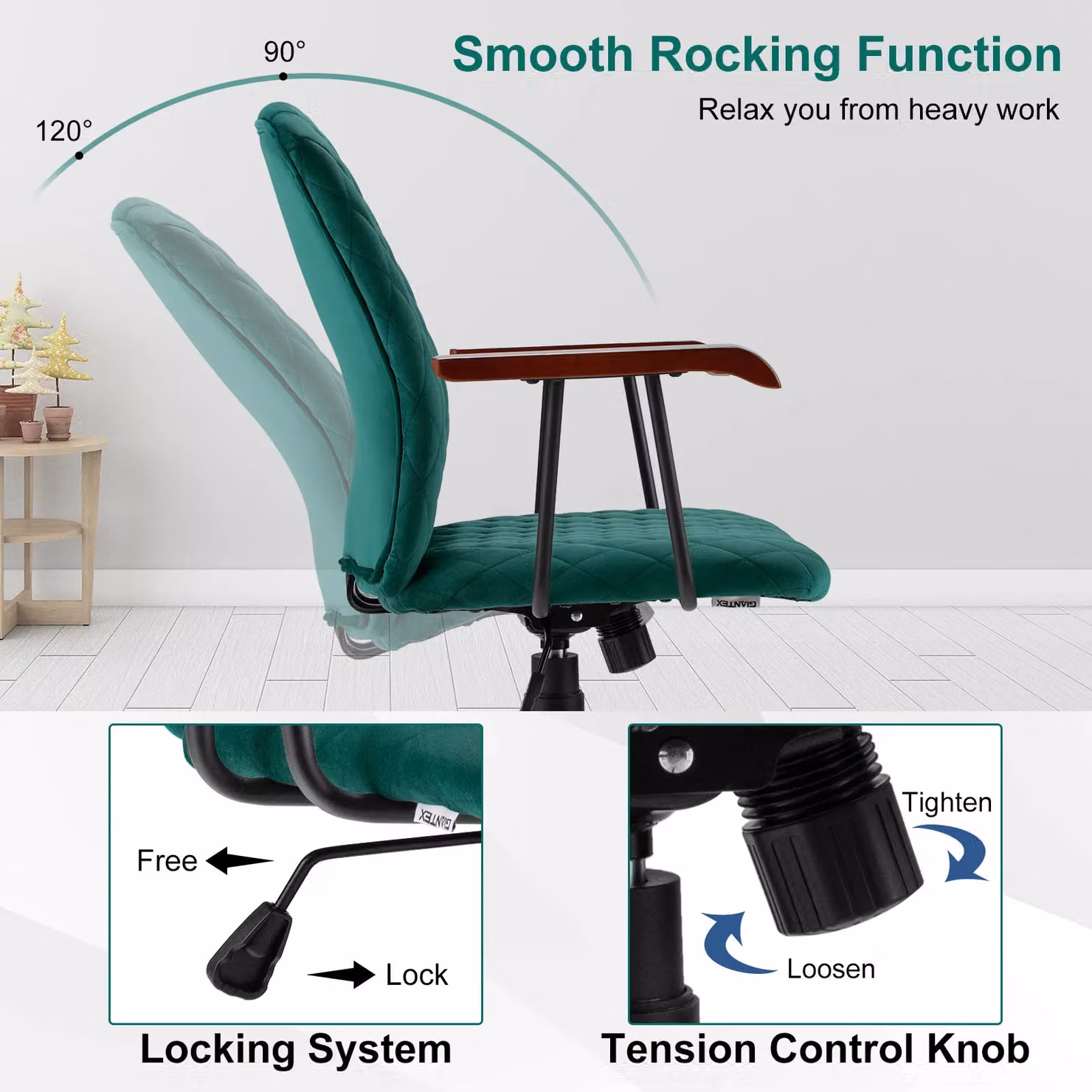 Costway Green Velvet Swivel Task Chair with Adjustable Height and Castors for Home Office – 4