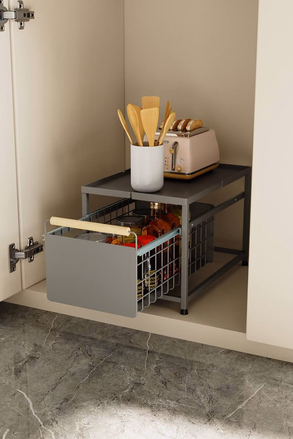 Living and Home 2-tier Metal Kitchen Pull-Out Storage Drawer Basket Organiser and Spice Rack in Grey – 2