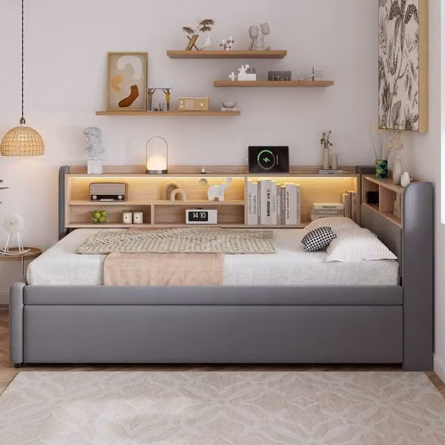 Rolipo Grey Velvet Upholstered Single Daybed with Trundle, Storage, LED Lights and USB Charging Port, W/D/H: 90 x 190 cm