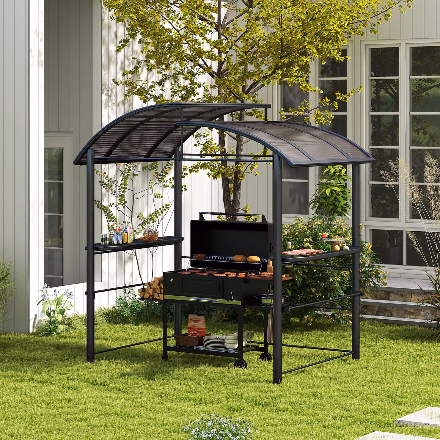 Outsunny Outdoor Grill Gazebo with Side Shelves and Polycarbonate Roof, Dark Grey, W: 240 cm, D: 150 cm, H: 230 cm – 2