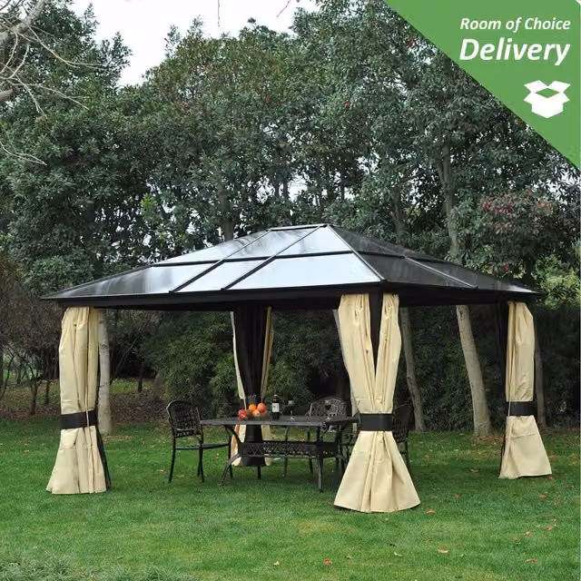 Outsunny Modern Aluminium Gazebo Canopy Marquee Party Tent with Polycarbonate Roof in Black and Beige, W: 4.3 m, D: 3.6 m