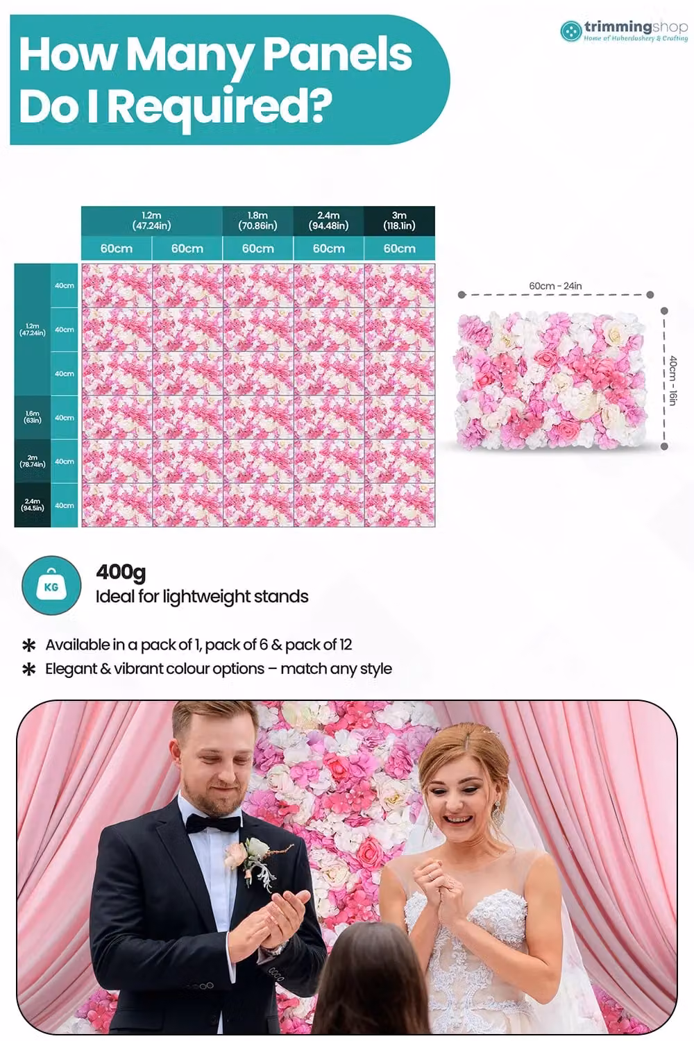 Neel Blue Pink Artificial Floral Wall Panel Decorative Wedding Photography Backdrop W/D/H: 60 x 40 x 1 cm – 1