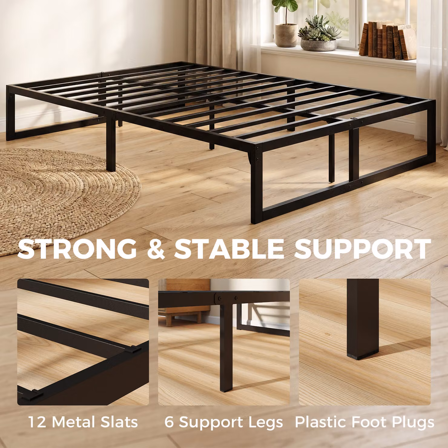 HOMCOM Double Bed Frame with Underbed Storage and Steel Slat Support, Black, W/D/H: 135 x 190 x 32.5 cm – 6