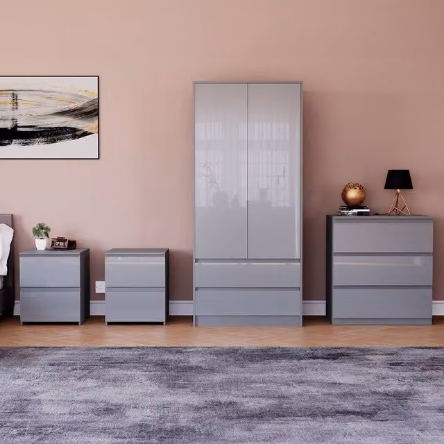 HD Designs Vida Designs Glinton 4 Piece Modern Grey Glossy Bedroom Set – 1