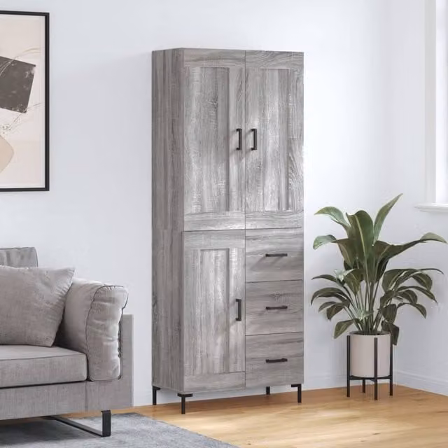 Berkfield Home Grey Sonoma Highboard with Hinged Doors and Internal Shelves, W: 69.5 cm, D: 34 cm, H: 180 cm