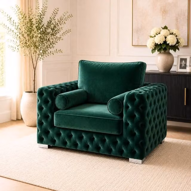 Stratus Interiors Ashley Chesterfield Plush Velvet Armchair in Dark Green