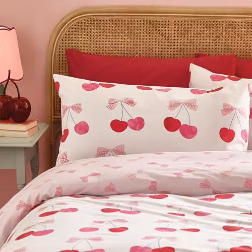 Catherine Lansfield Cherries and Bows Reversible Duvet Cover and Pillowcase Set, Pink, Duvet Cover: 180 x 200 cm, Pillowcases: 50 x 75 cm – 2