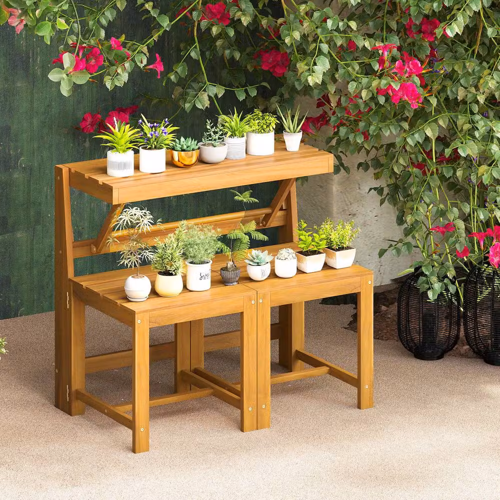 Gymax 3-in-1 Outdoor Dining Table with 2 Built-in Chairs and 2-Tier Plant Stand in Natural Brown Acacia Wood – 4