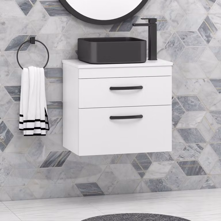 Royal Bathrooms 600mm Wall Hung 2 Drawer Gloss White Vanity Unit with Art Square Countertop Basin