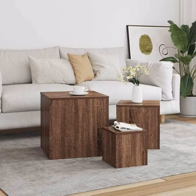 Berkfield Home Set of 3 Classic Square Nested Side Tables in Brown Oak MDF – 1