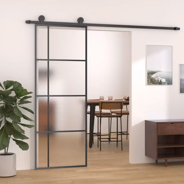 Berkfield Home Modern Black Sliding Door with Frosted ESG Glass and Aluminium, W: 76 cm, H: 205 cm