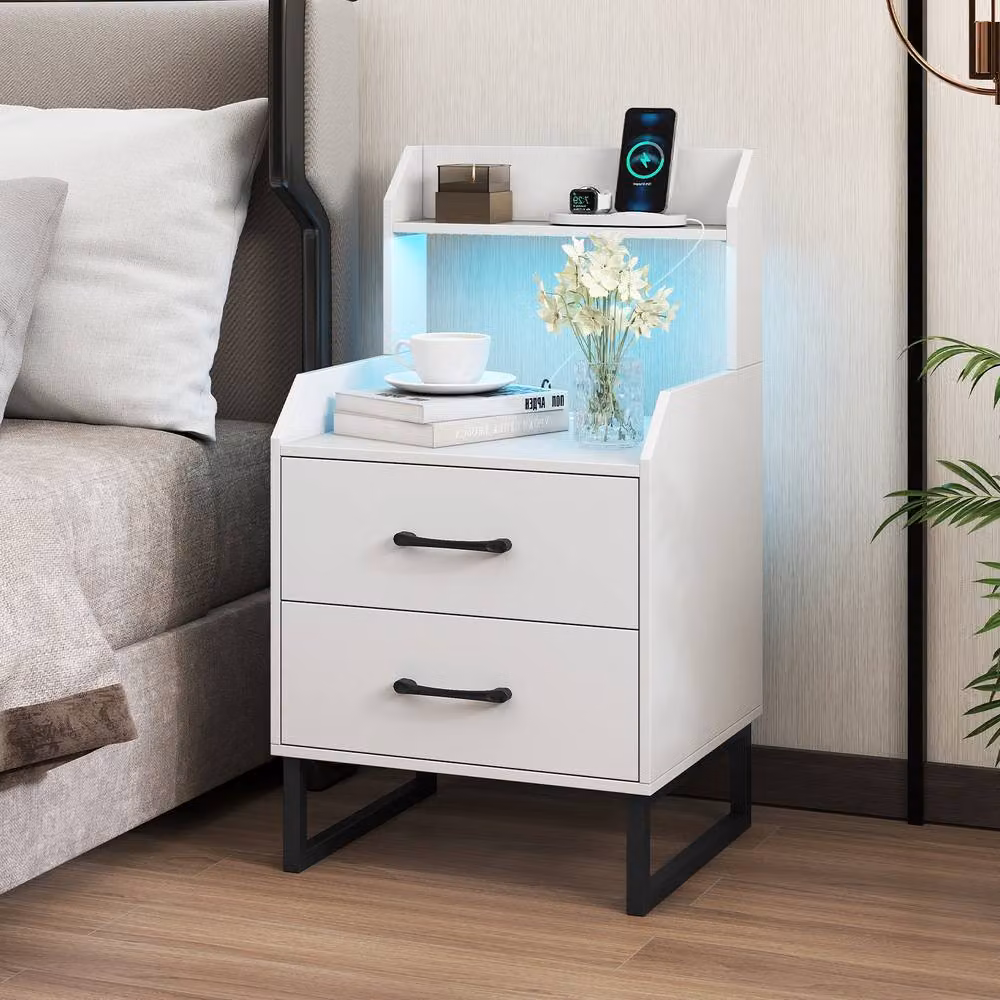 Gymax Modern White Bedside Table with Integrated LED Lights and Charging Station – 5