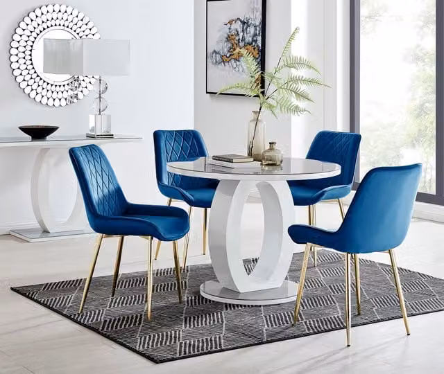 FurnitureboxUK Giovani Round Grey Glass Dining Table and 4 Pesaro Gold Leg Blue Chairs, Diameter: 100 cm