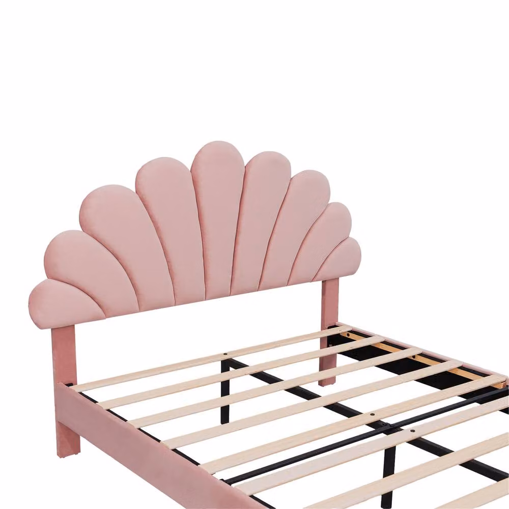 BTM Pink Velvet Upholstered Single Bed Frame with Adjustable Chic Petal Headboard, W/D/H: 90 x 200 cm – 4