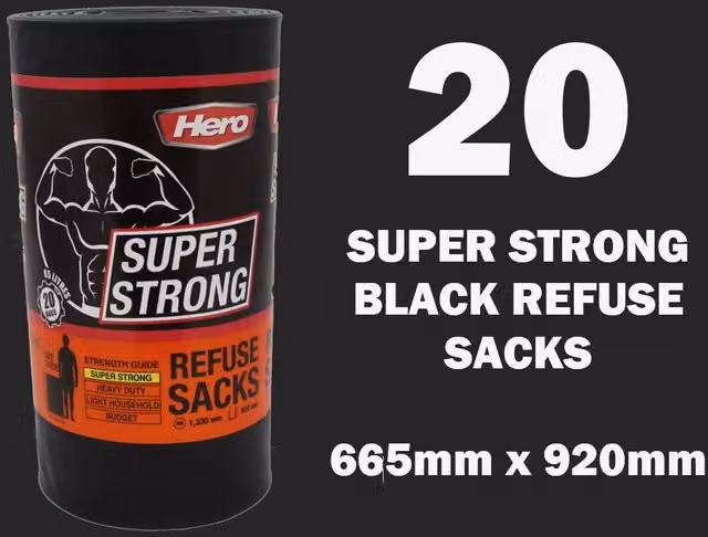 Hero Super Strong 85L Bin Bags, Black, Pack of 20