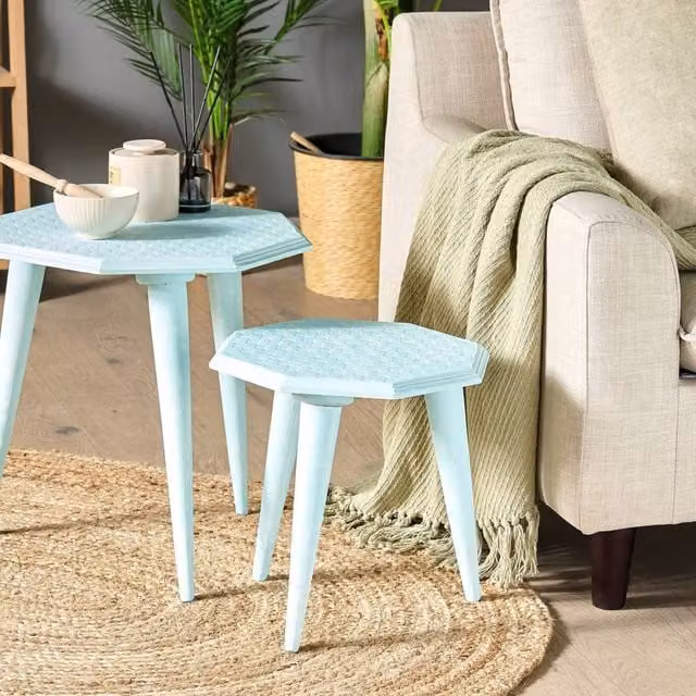 Wyld and Coco Nesting Side Tables Set of 2 in Maritime Blue Mango Wood – 1