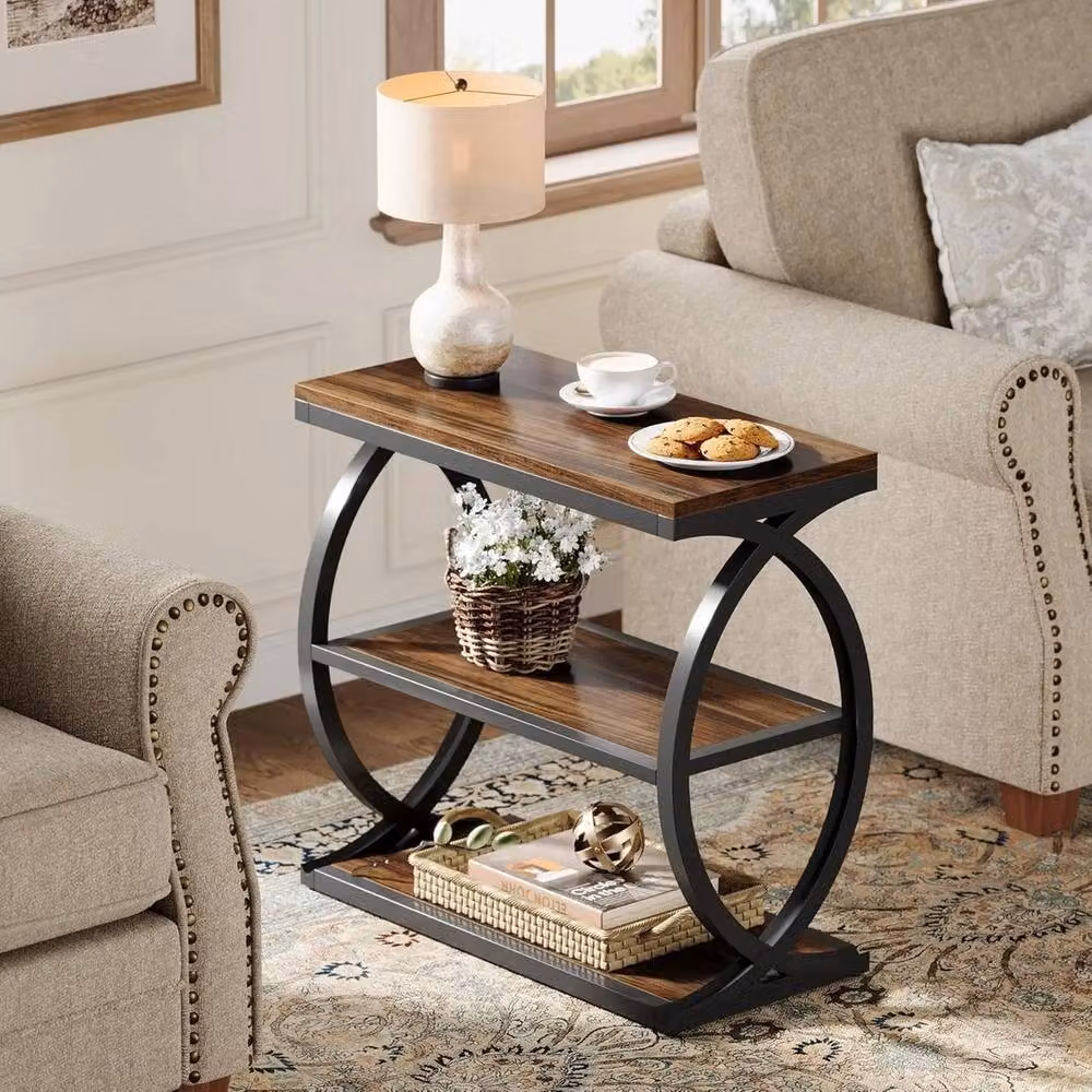 VOGREX Industrial 3-Tier Narrow Wooden Side Table and Nightstand in Brown and Black – 5