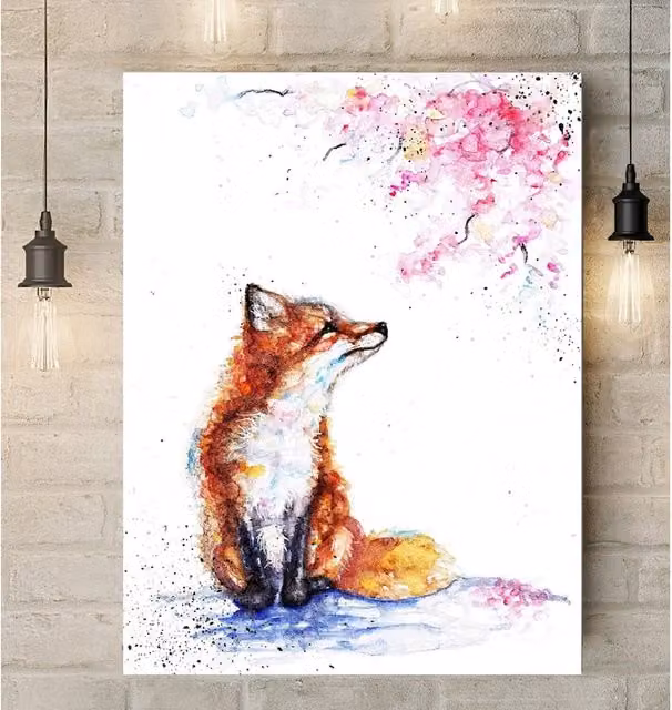 BebesArts Fox and Cherry Blossom Canvas in Brown and Multicolour, W: 30.48 cm, H: 20.32 cm