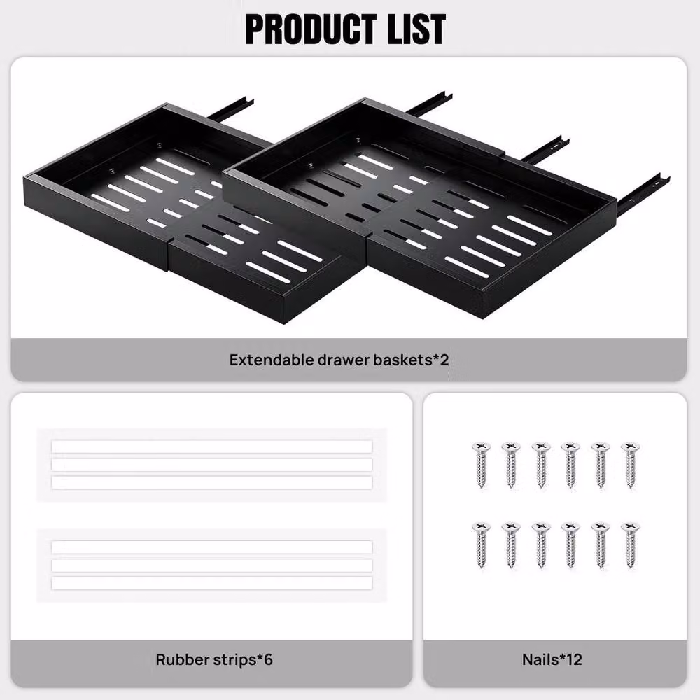 KORVIXA 2 Pack Expandable Black Metal Pull Out Kitchen Cabinet Drawer Inserts – 3