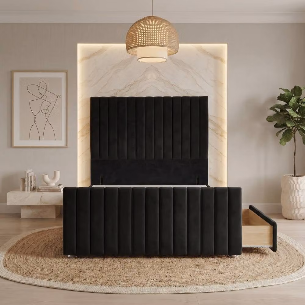 Somnior Eleanor Velvet Divan Base with 2 Drawers, 54 inch Headboard and 22 inch Footboard, Black, W/D/H: 120 x 200 x 76.2 cm – 2