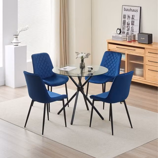 Madefor.living Modern Round Glass Dining Table and Blue Velvet Chairs Set