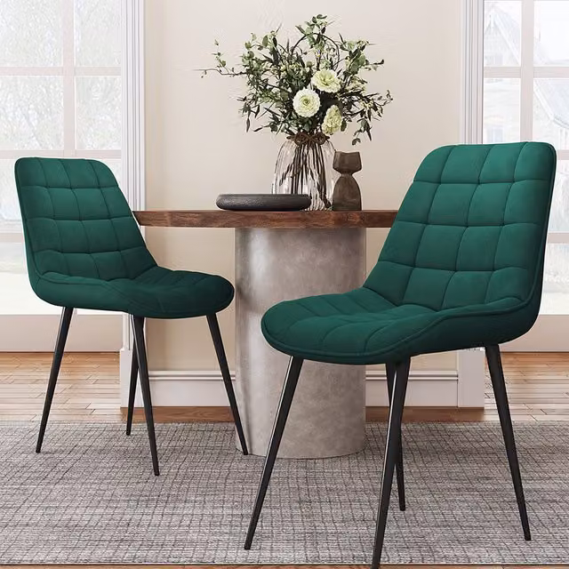 Livingandhome Set of 2 Modern Green Velvet Dining Chairs with Metal Legs