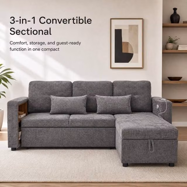 STILVORA Reversible L-Shaped Convertible Sofa Bed with USB Charging and Storage in Grey