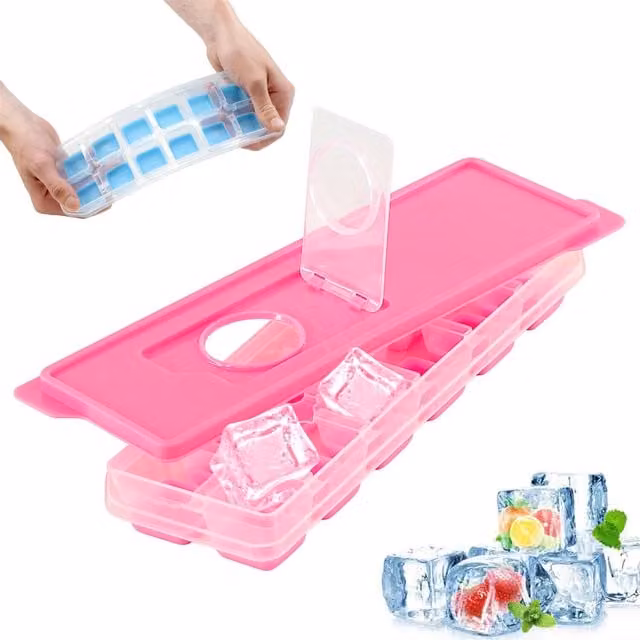 Geezy Pink and Blue Stackable Silicone and Plastic Rectangular Ice Cube Tray with Snap Lid