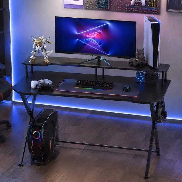 STILVORA Black Gaming Desk with Shelf and Hook – 1