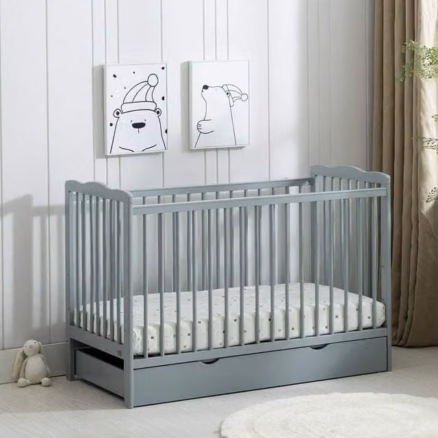 MCC Direct CozyCubs Brooklyn Solid Wood Baby Cot Bed with Mattress and Drawer in Grey
