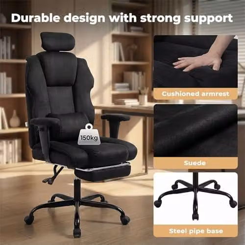 Levede Ergonomic Black Fabric Office and Gaming Chair with Adjustable Headrest, Armrests and Footrest – 10