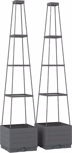 Outsunny 2 Pack Grey Plastic Raised Garden Beds with Trellis and Removable Drainage Trays, W/D/H: 140 x 28 x 40 cm – 1