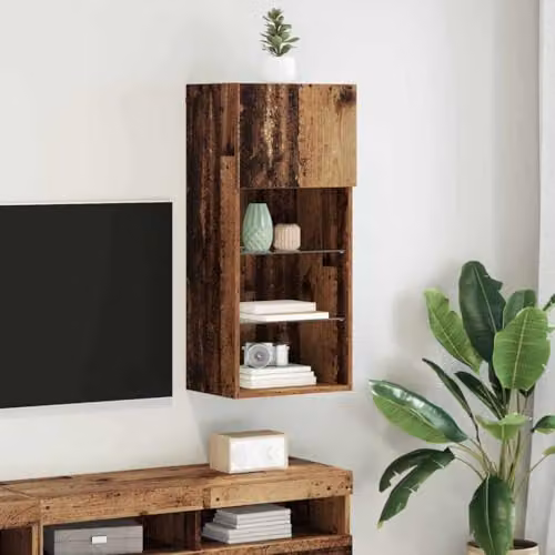 vidaXL Wall-mounted Modern TV Cabinet in Brown with Glass Doors and Integrated Lighting, W/D/H: 40.5 x 30 x 90 cm – 2