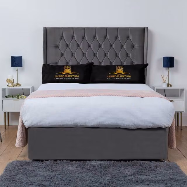 UK Bed Furniture Mary Winged Divan Bed Base with 54 Inch Buttoned Headboard in Anthracite Grey, W/D/H: 120 x 200 cm