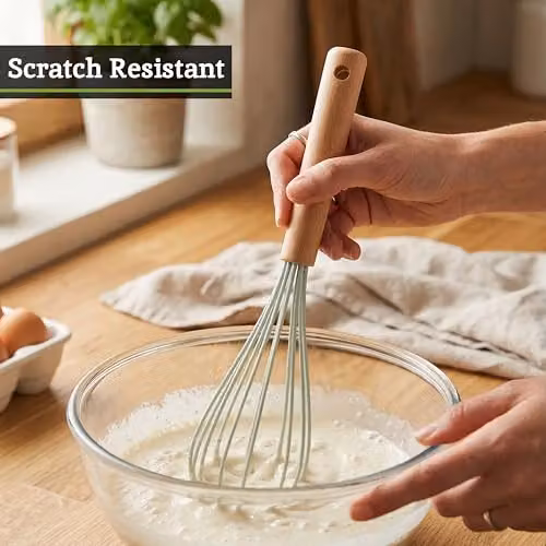 Premier Housewares Sage Green Silicone Head Whisk with Round Wood Handle – 3