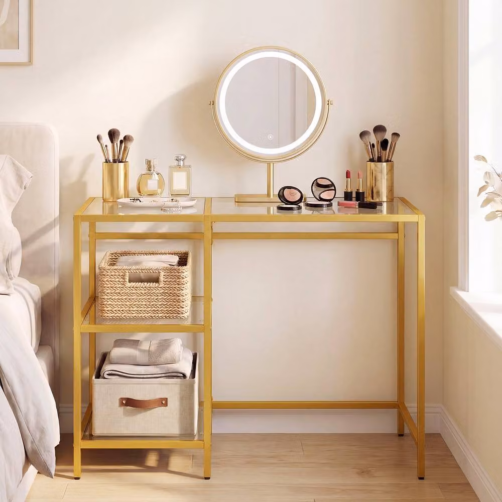 Gymax Modern Writing Desk with Transparent Tempered Glass Top and Gold Metal Frame – 2