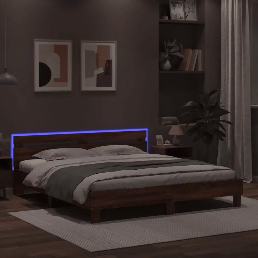 Berkfield Home Modern Bed Frame with LED Under-Bed Lighting and USB Charging Port in Brown Oak, W/D/H: 200 x 200 cm – 4
