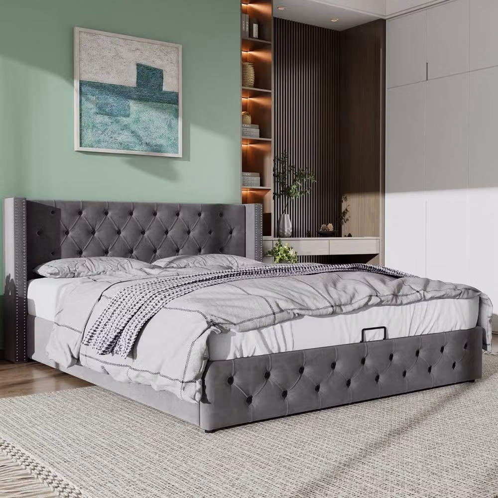 ModernLuxe Grey Velvet Upholstered King Bed with Hydraulic Lift-Up Storage and Headboard, W: 150 cm, D: 200 cm – 5