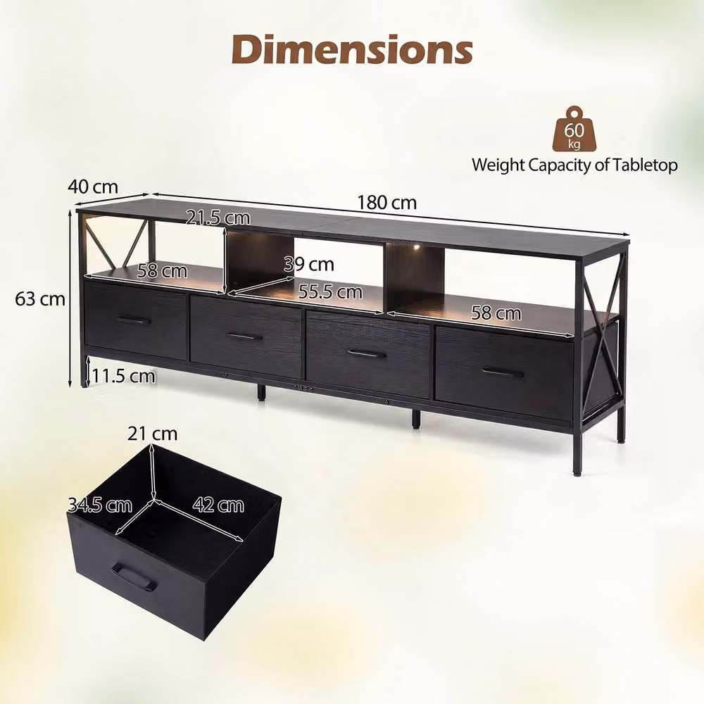 Gymax LED Entertainment Center for TVs up to 80 inch, Extra Long Industrial TV Unit with 4 Drawers, Black – 4